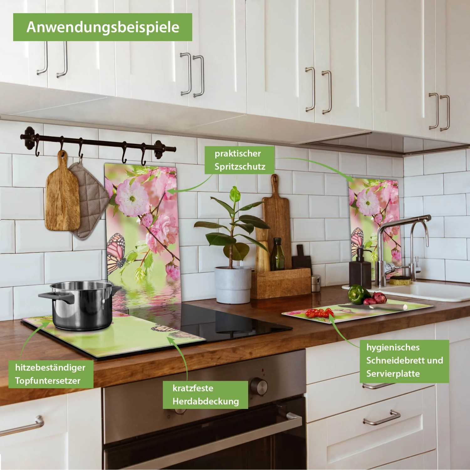 Banjado 2-teilige Herdabdeckplatte aus Glas mit Kirschblüten-Motiv als Schneidebrett und Spritzschutz.