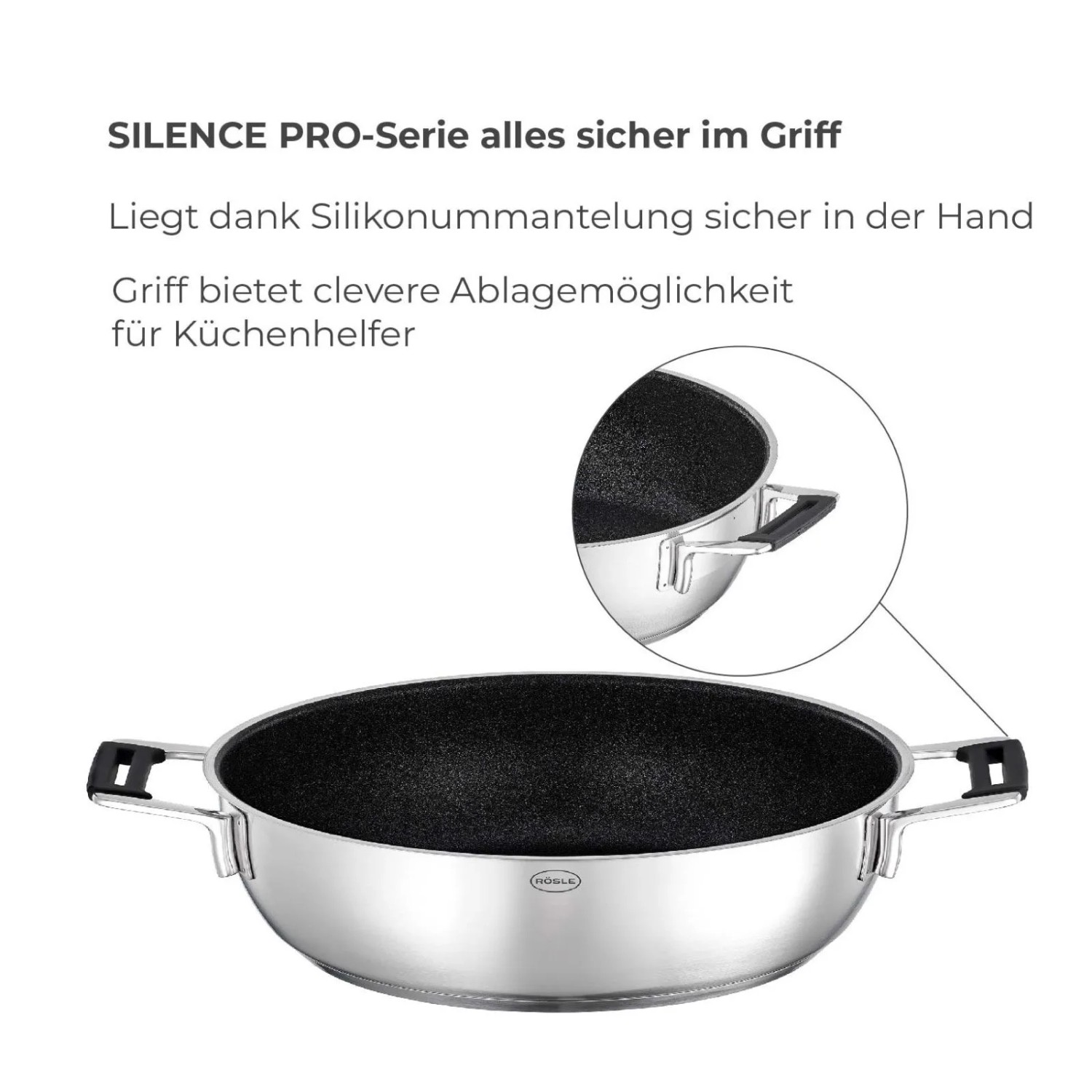 RÖSLE Servierpfanne SILENCE PRO, Edelstahl, schwarze ProResist Antihaftbeschichtung, Silikongriffe, Ablage für Küchenhelfer.