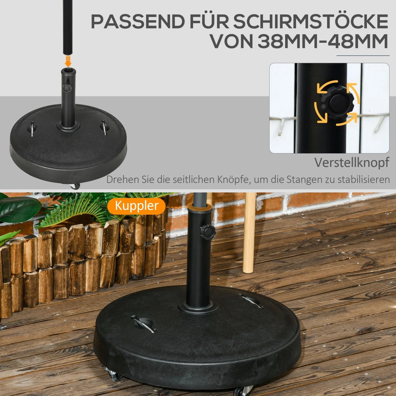 Schwarzer Furnicato Sonnenschirmständer mit Rollen, geeignet für Schirmstöcke von 38-48mm.