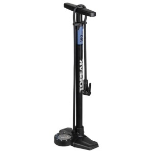 Schwarze Topeak Joe Blow Roadie EX Standpumpe mit Stahl-Zylinder, Manometer und Schlauch für Fahrräder.