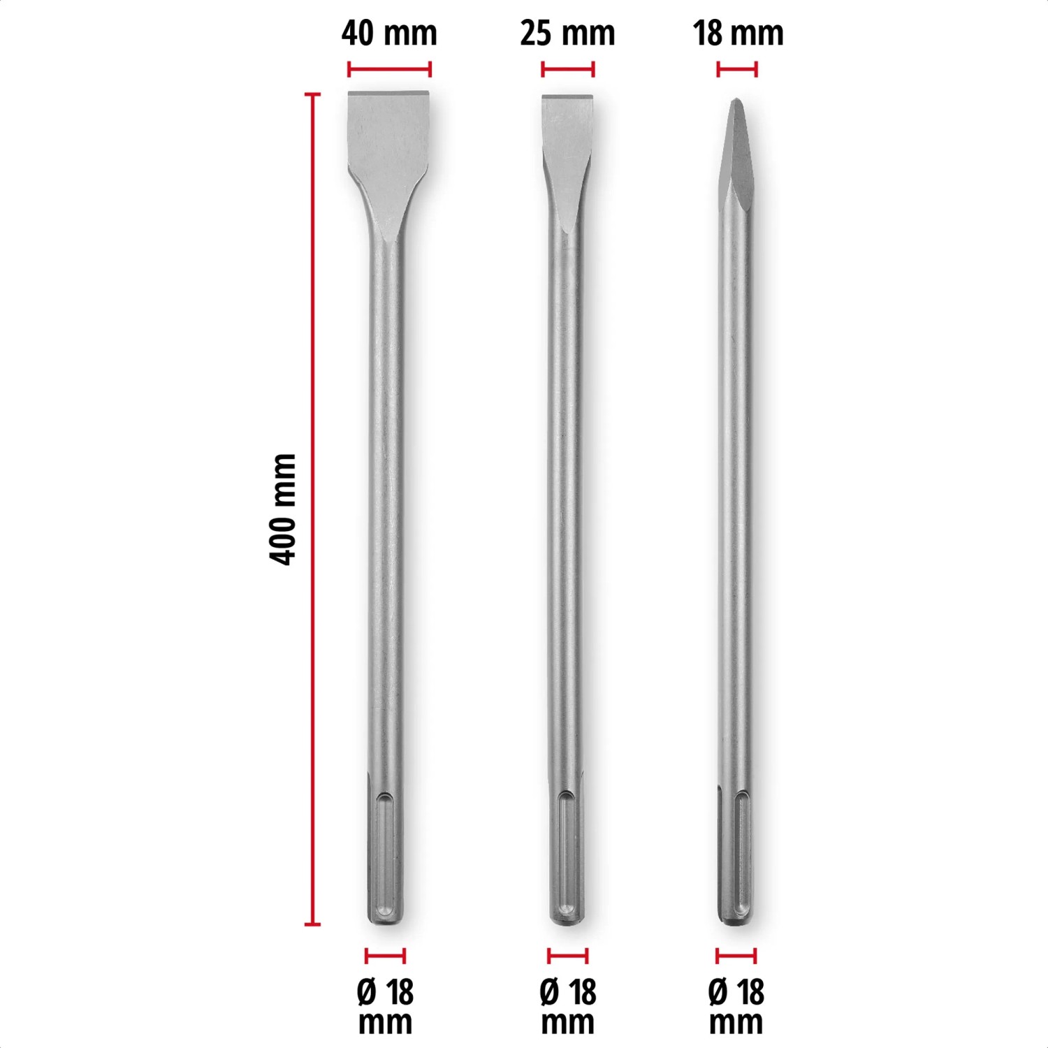 Einhell Meißel-Set SDS Max, 3-teilig: Spitz-, Flach-, Spatmeißel für Bohrhämmer, 400mm lang.