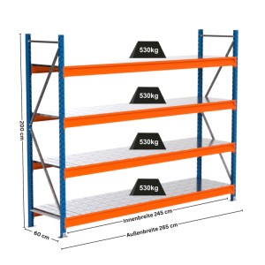 PROREGAL Weitspannregal MAXIMUS PRO Grundregal, 200x250x60cm, mit 4 Stahlplatten-Fachböden (je 530kg Fachlast), blau/orange.