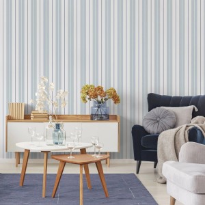 Sanders & Sanders Vliestapete mit hellblauen, grauen und weißen Streifen im Landhausstil. Ideal für Wohnzimmer.