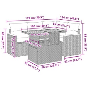 vidaXL 5-tlg. Garten Sofagarnitur aus Rattan mit Kissen, schwarz, Maße eingezeichnet.