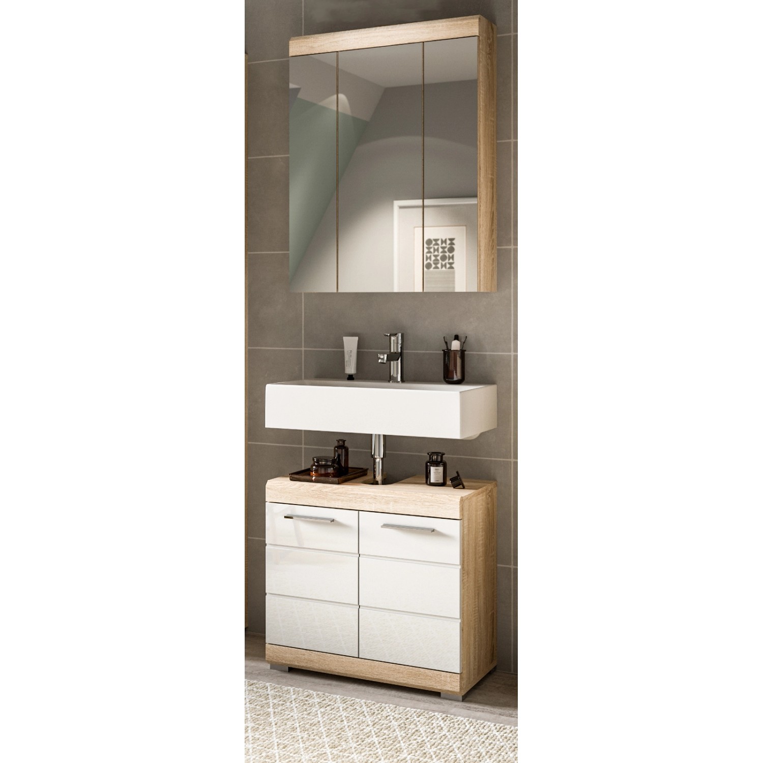 Inn.Furn Badmöbel Set 2-teilig 60 cm in Weiß Hochglanz und Eiche Mambo günstig online kaufen