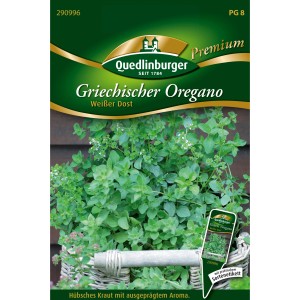 Samentüte Quedlinburger Griechischer Oregano (Weißer Dost) mit Oreganopflanze im Korb.