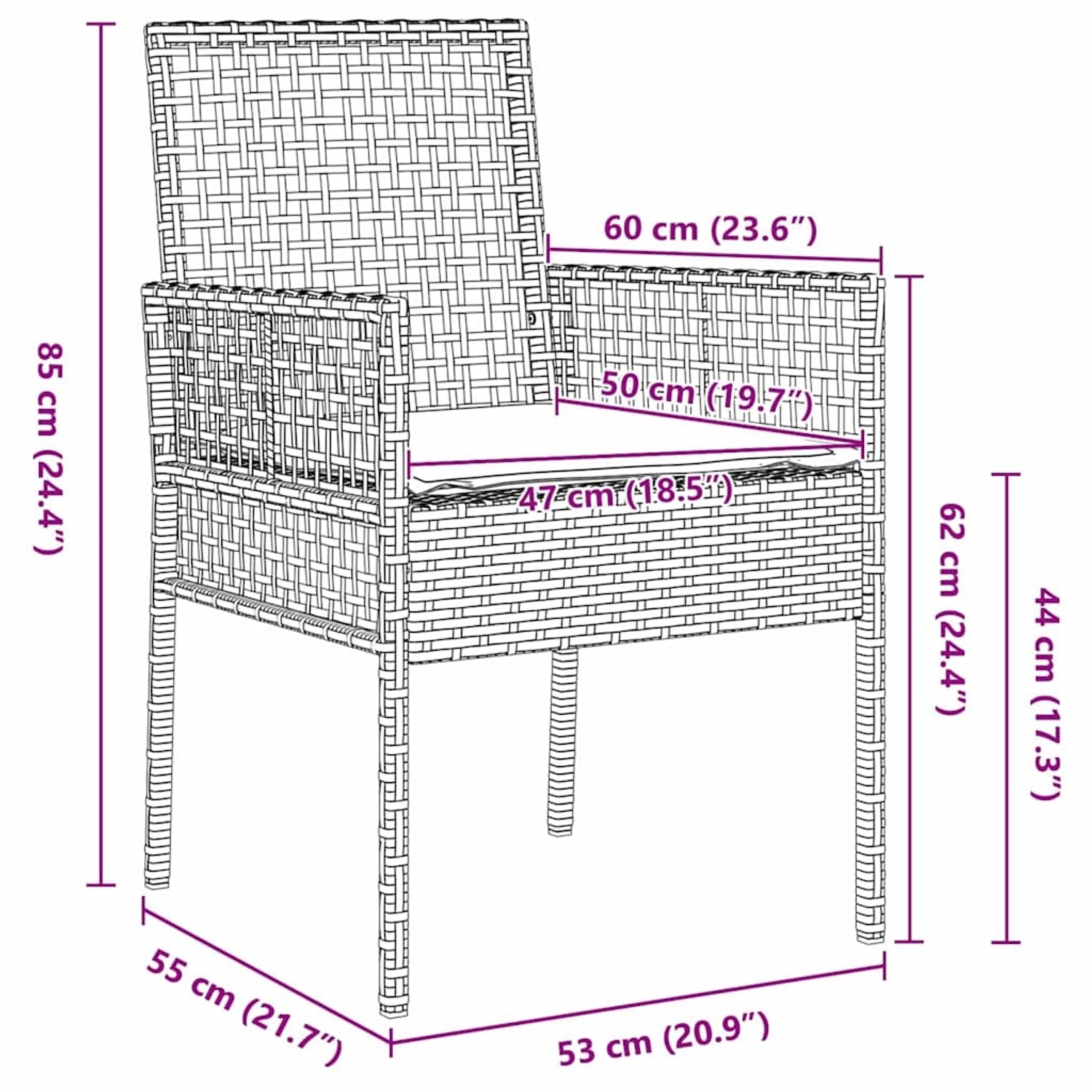 Abbildung eines braunen vidaXL Gartenstuhl aus Rattan mit Kissen, Teil eines 5-teiligen Esszimmer Sets.