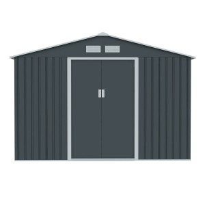 Dunkelgraues Hattoro S300 Metall Gerätehaus mit Satteldach und Schiebetüren.