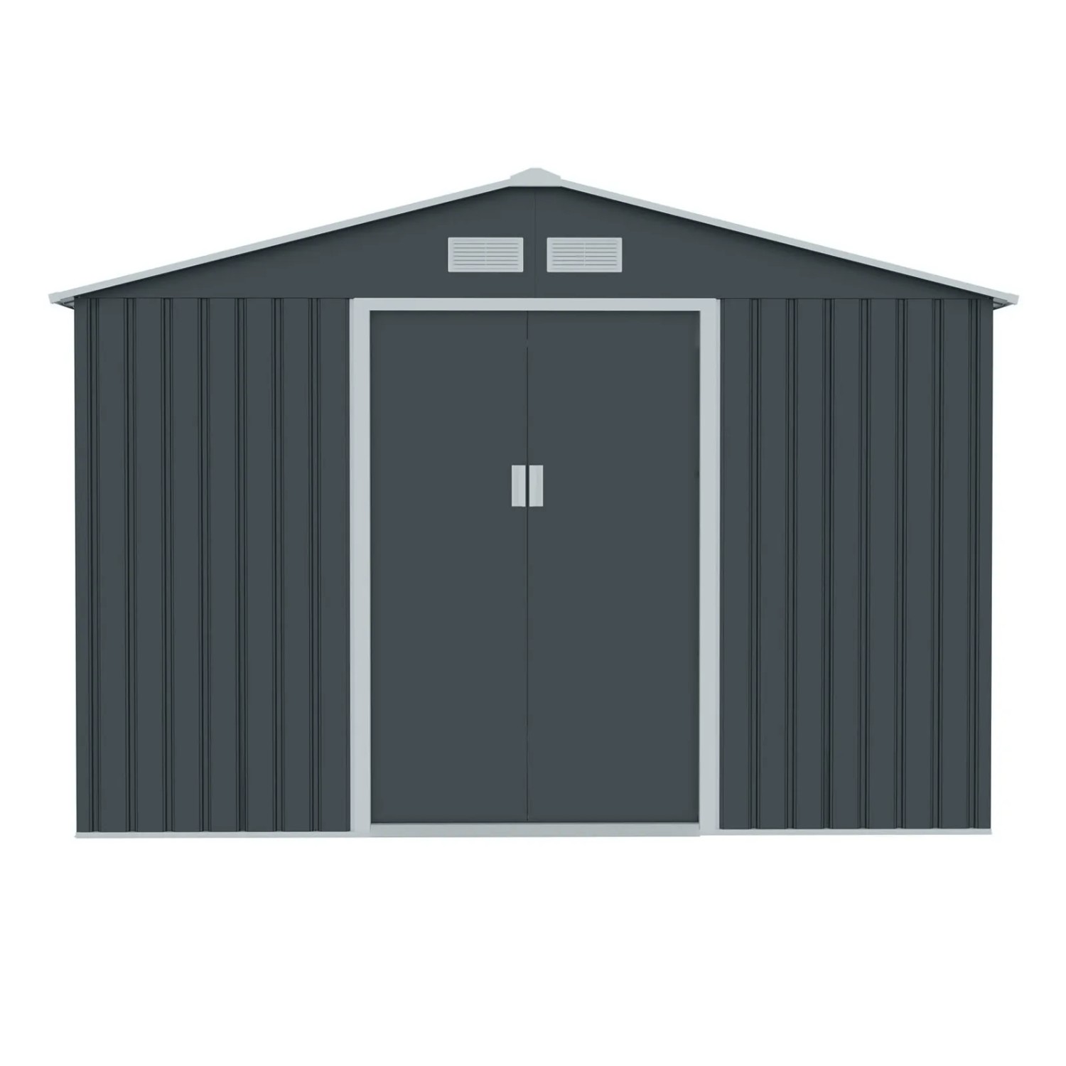 Dunkelgraues Hattoro S300 Metall Gerätehaus mit Satteldach und Schiebetüren.