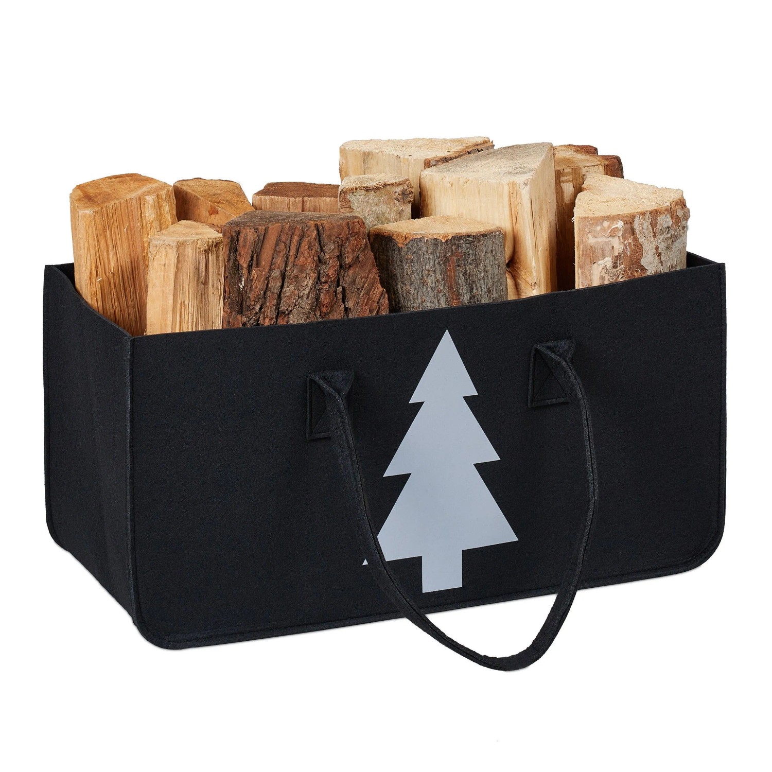 Relaxdays Kaminholztasche Filz Schwarz Mit Tannenbaum Motiv 50 cm x 25 cm x 25 cm