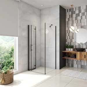 AICA Eckdusche 120x90cm mit schwarzem Aluminiumrahmen, Falttür und 6mm ESG-Glas in modernem Badezimmer.