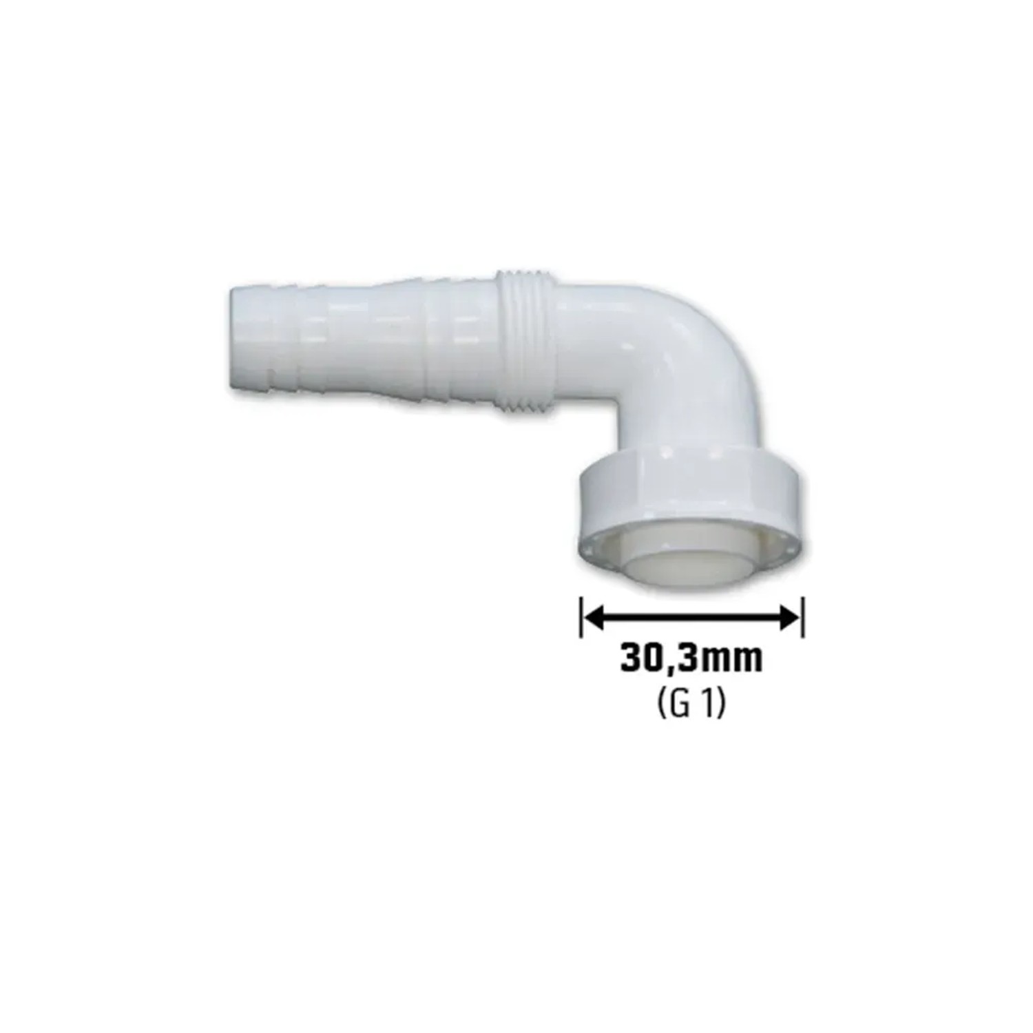 Weiße LUX Winkelschlauchverschraubung 30,3 mm (G 1) für Siphonanschluss von Wasch- oder Spülmaschine.