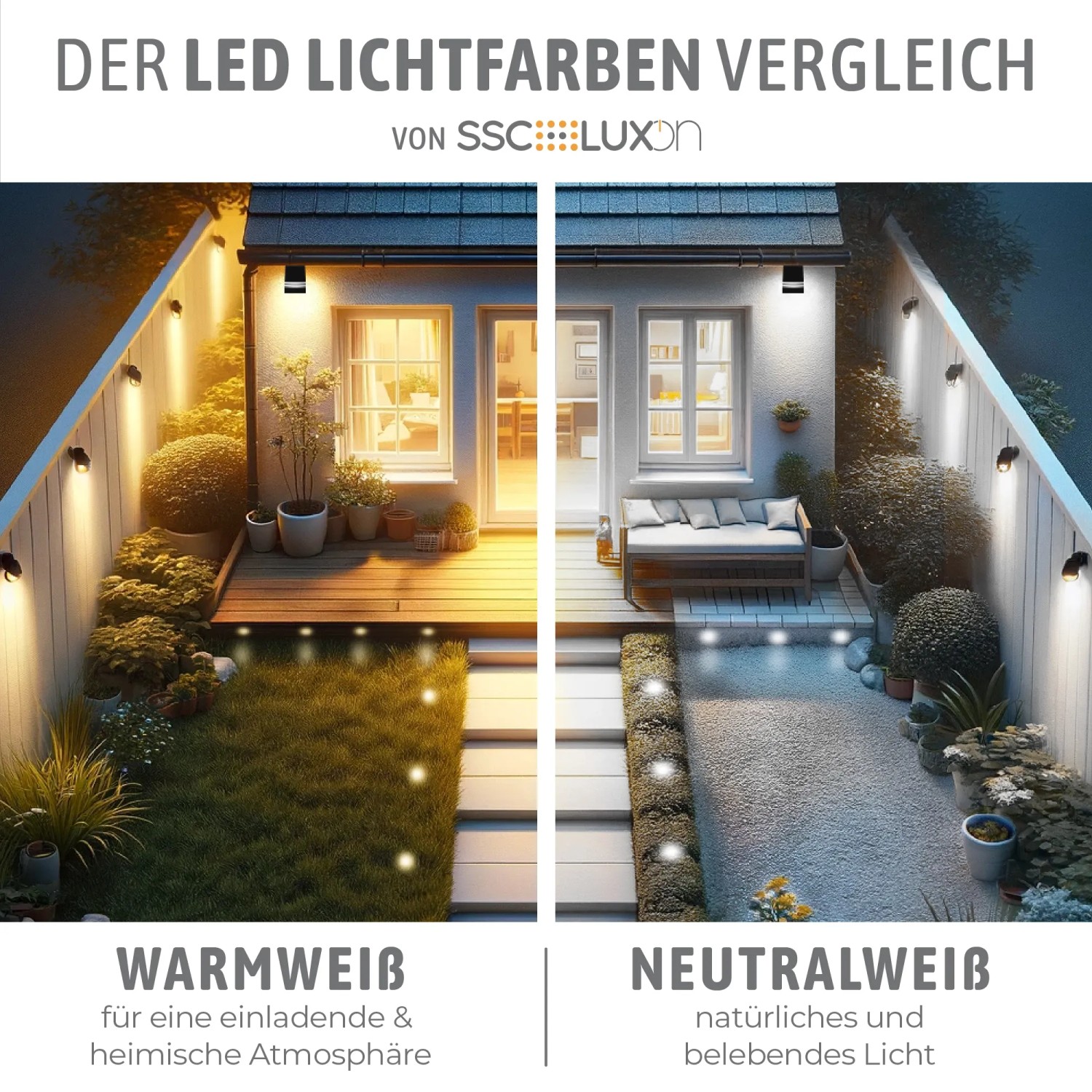 SSC-LUXon Juavi Bodeneinbauleuchten: Vergleich von warmweißem und neutralweißem Licht im Garten.