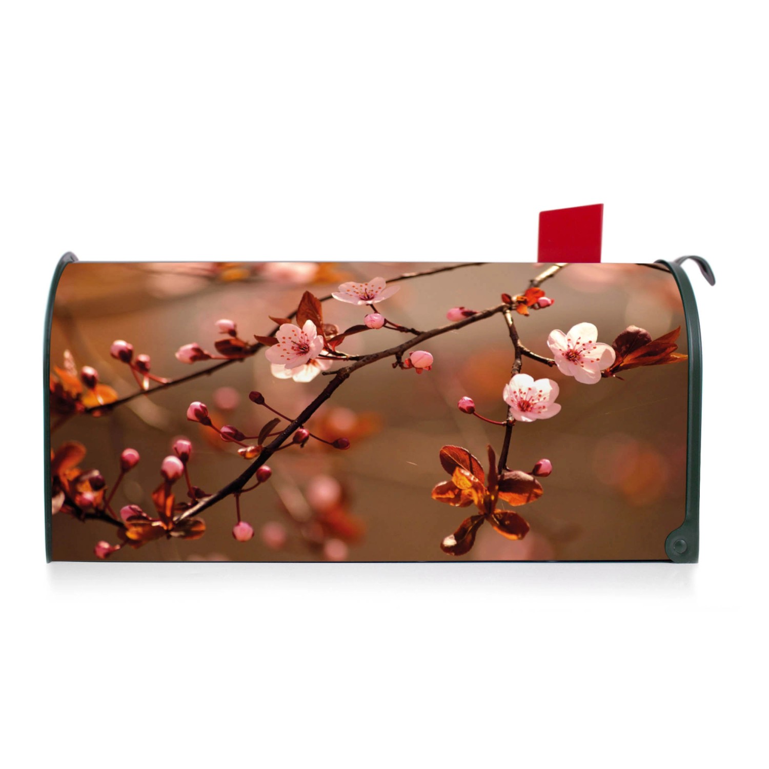 Grüner Banjado US Briefkasten mit Kirschblüten Motiv, rote Fahne.