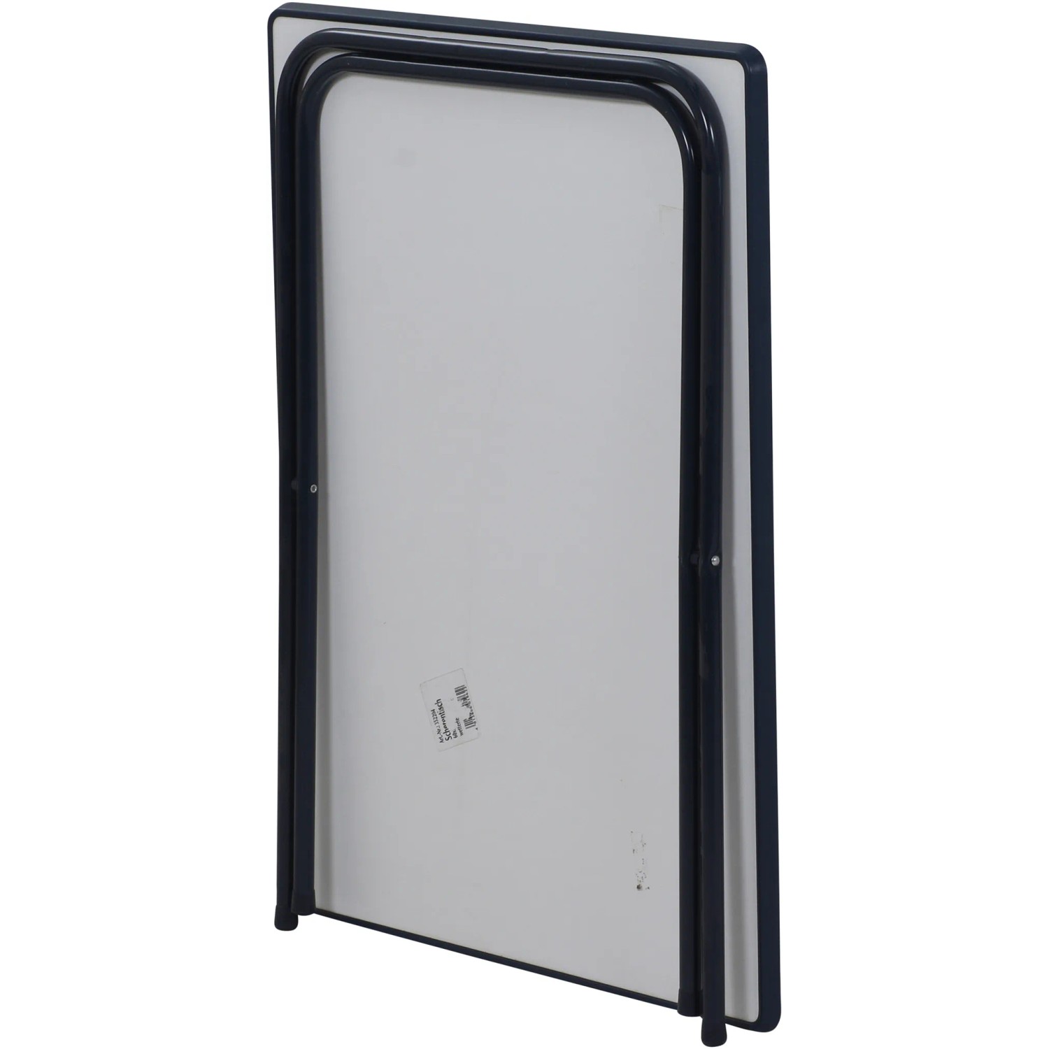 Zusammengeklappter MFG Campingtisch Scherentisch, blaues Gestell, weiße Platte, 80x60x64 cm.