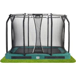 Grünes Salta Premium Ground Trampolin 305x214 cm mit Sicherheitsnetz für den Garten.