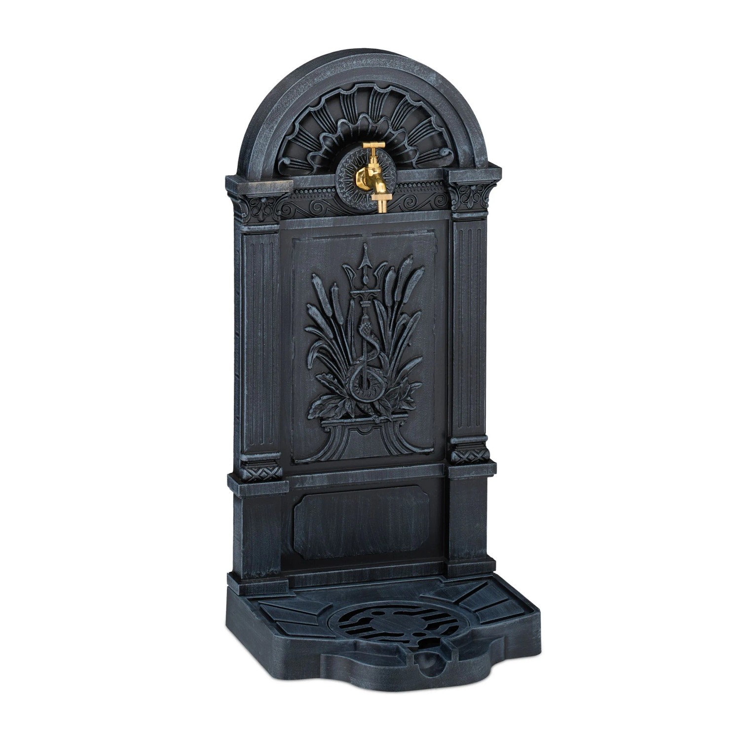 Relaxdays Standbrunnen Aluminiumguss Grau Gold Antik 82,5 cm x 39 cm x 33 cm