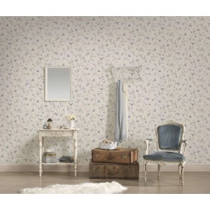 Romantische Bricoflor Blumentapete in Blau-Weiß für Landhausstil in Küche und Schlafzimmer.
