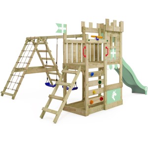 Wickey Spielturm DragonFlyer mit Rutsche und Schaukel in Pastellgrün.