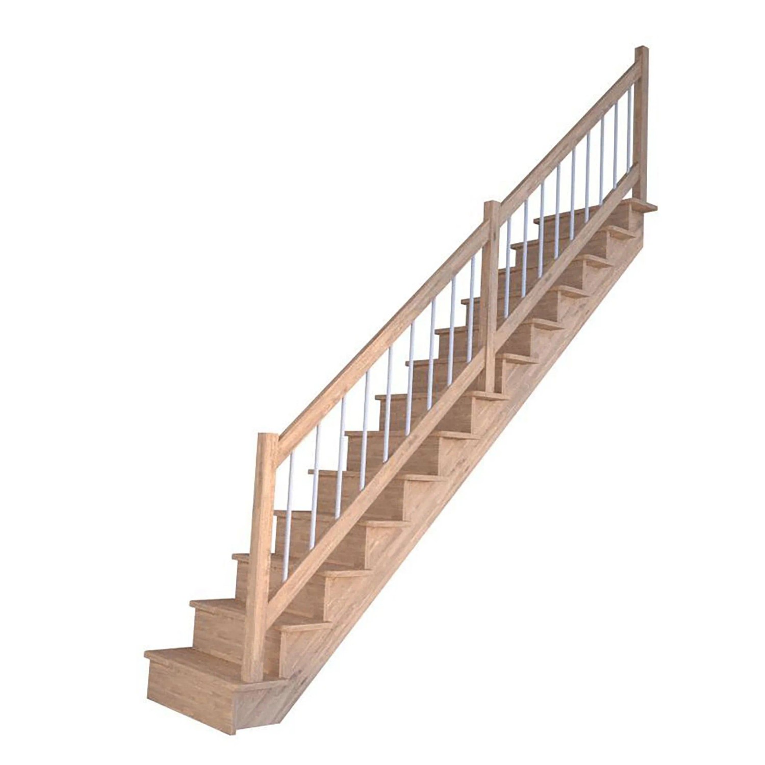 Gerade Treppe Lindos Eiche mit Setzstufen und weißem Holz-Edelstahl-Geländer.