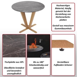 MCW Bistrotisch M56 mit Marmor-Optik und hellem Holzgestell für Garten oder Balkon.