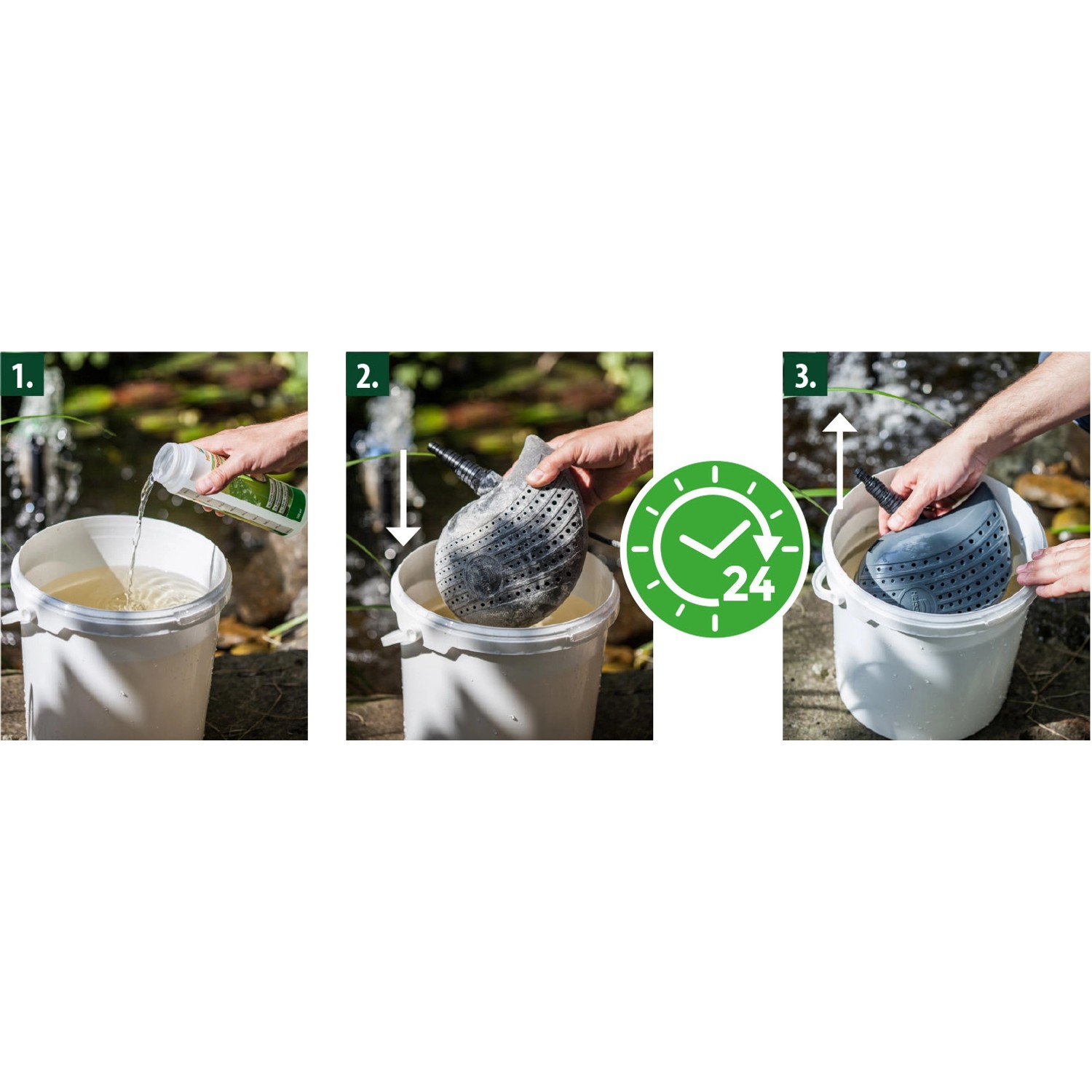 Anwendung des Heissner Clean Spezialreinigers für Teichpumpen und Filter in 3 Schritten.