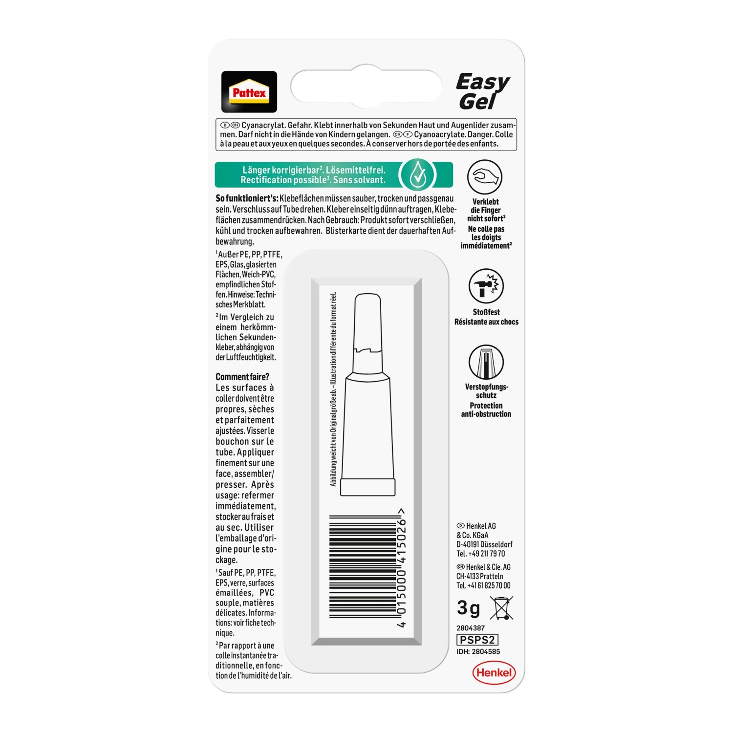 Pattex Sekundenkleber Power Easy Gel, 3g Tube, klar und farblos.