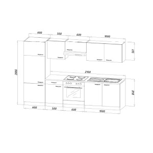 Skizze der Respekta Küchenzeile LBKB270BBMA, 270 cm, Buche Nachbildung, ohne E-Geräte.