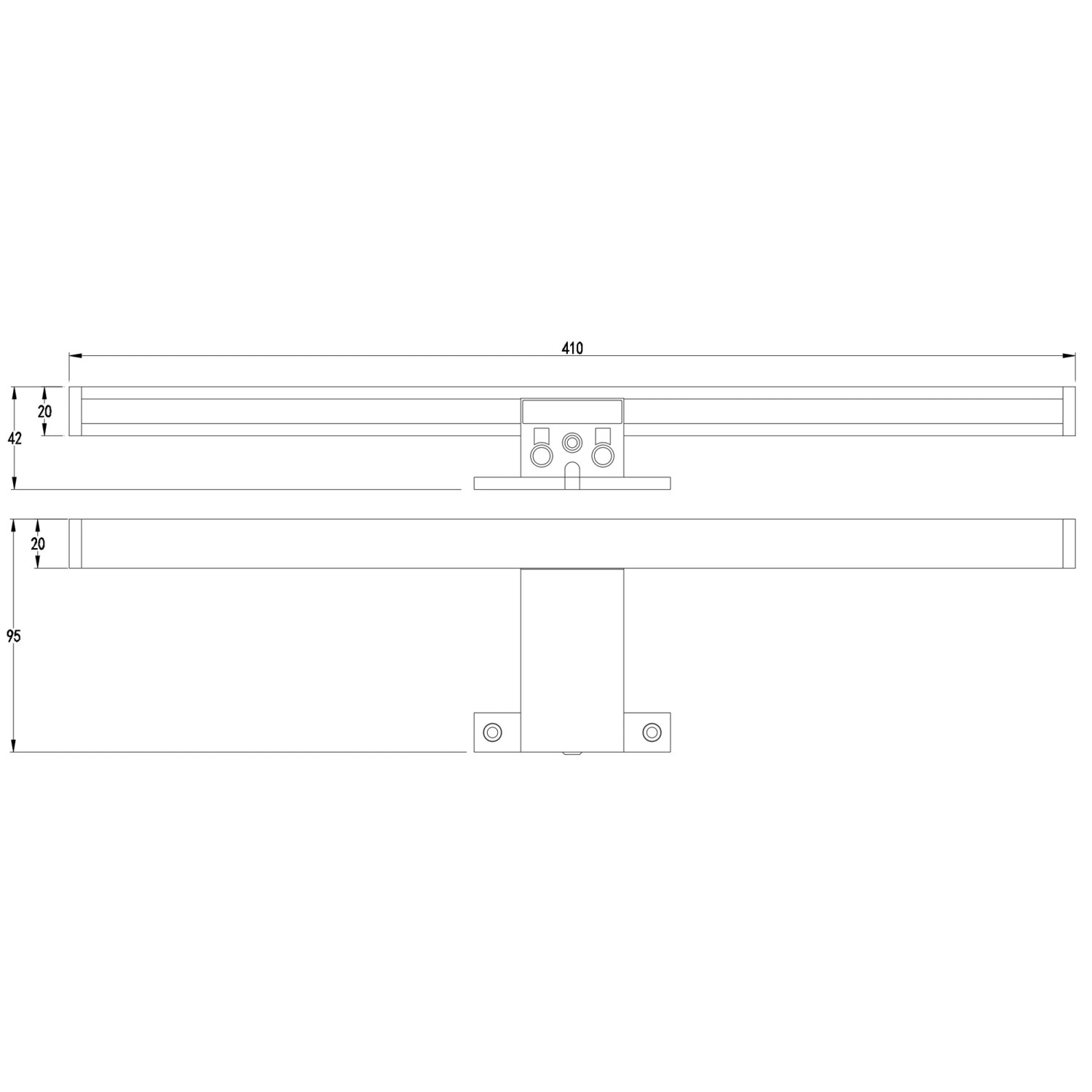 Maßzeichnung der kalb 41cm LED Spiegelleuchte Sandro. Zeigt schlanke Badleuchte mit Montagepunkten und Maßen.