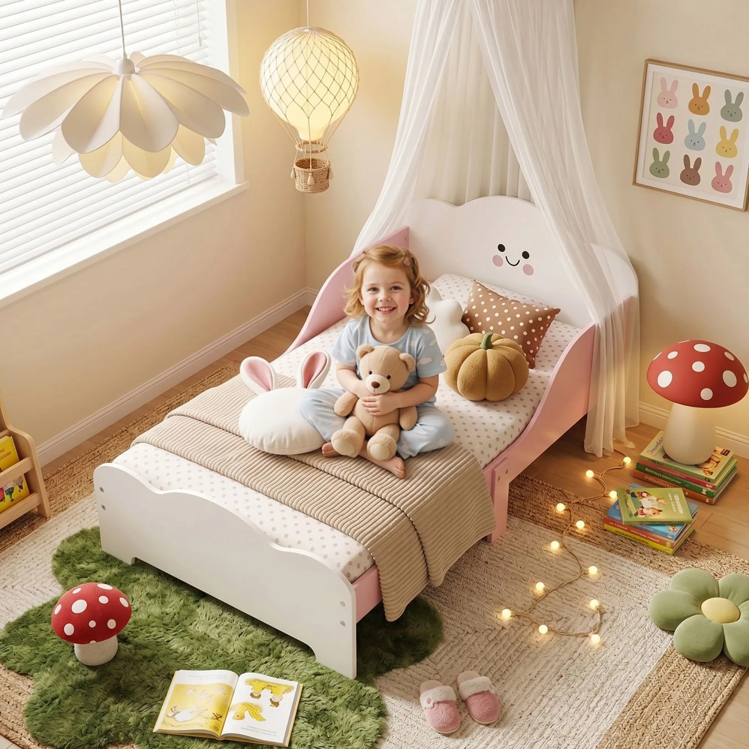 Rosa-weißes AIYAPLAY Kinderbett aus MDF mit lächelndem Wolken-Kopfteil. Kind sitzt auf dem niedrigen Bodenbett.