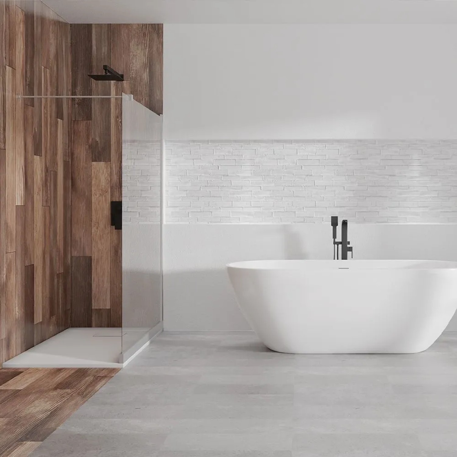 Weiße rechteckige Duschwanne VIDAR 160x90 aus Verbundwerkstoff in Steinoptik, in begehbarer Dusche.