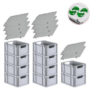 PROREGAL Spar Set: 10 graue Euroboxen mit Deckel und grünen Schiebeschnappverschlüssen. Praktische Aufbewahrungsboxen.