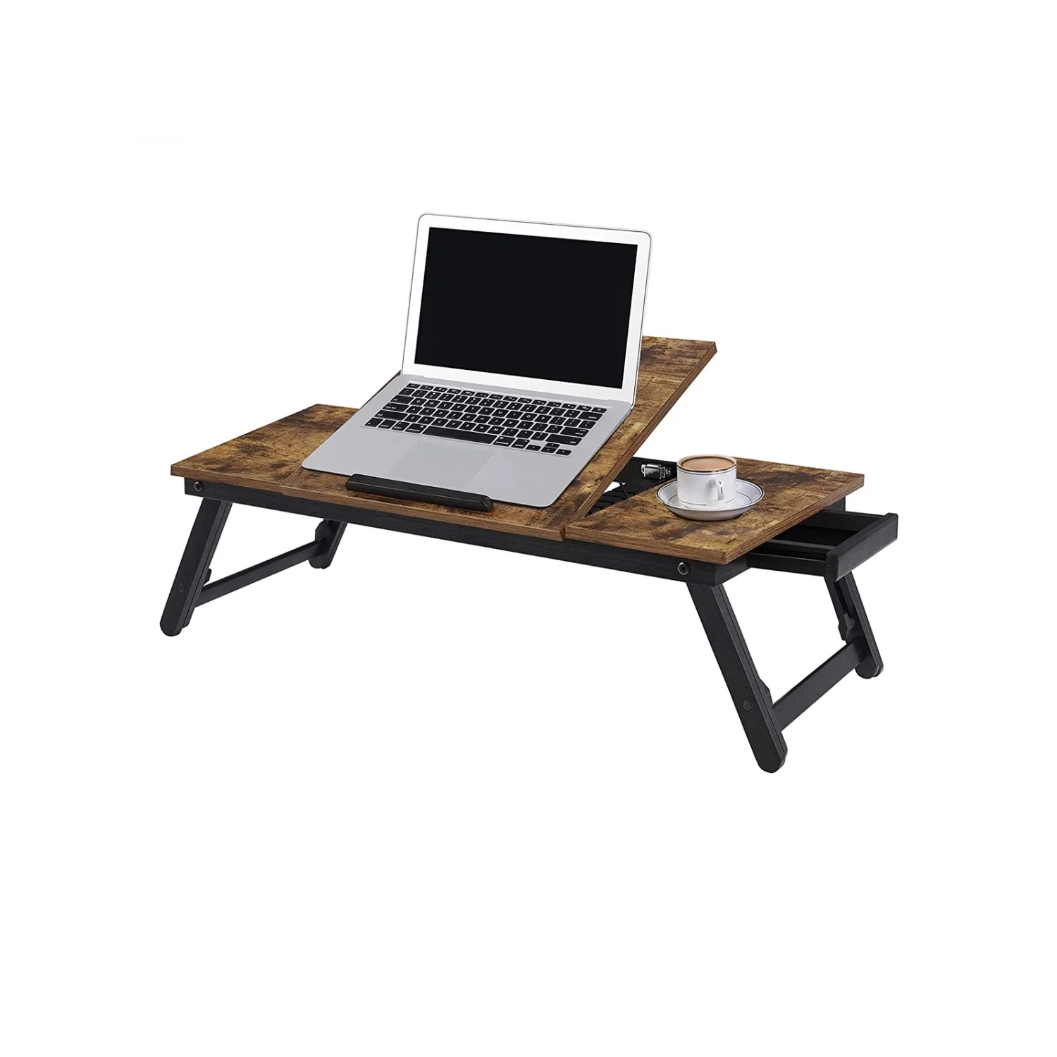 Vintagebrauner Songmics Laptopständer (71x35x23cm) mit Laptop und Tasse. Ideal als Schreibtisch-Zubehör.