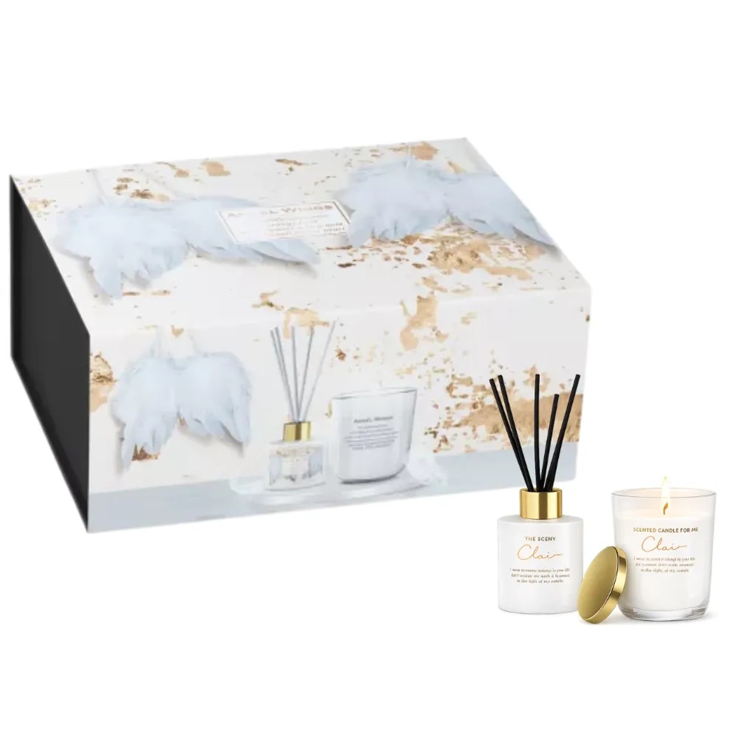 Dekohelden24 Hochwertiges Geschenk aus Duftkerze und Diffuser Geschenkset für Frauen Angel Wings Kerzengeschenk Hochwertig L/B/H 23 x 17 x 10 cm