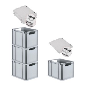 PROREGAL Spar Set: 4 graue Euroboxen mit Scharnierdeckel, 30 Liter, gestapelt und einzeln.