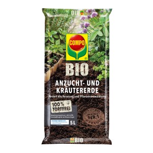 Sack Compo Bio Anzucht- und Kräutererde, torffrei, 5 l. Geeignet für Aussaat und Kultivierung von Kräutern.