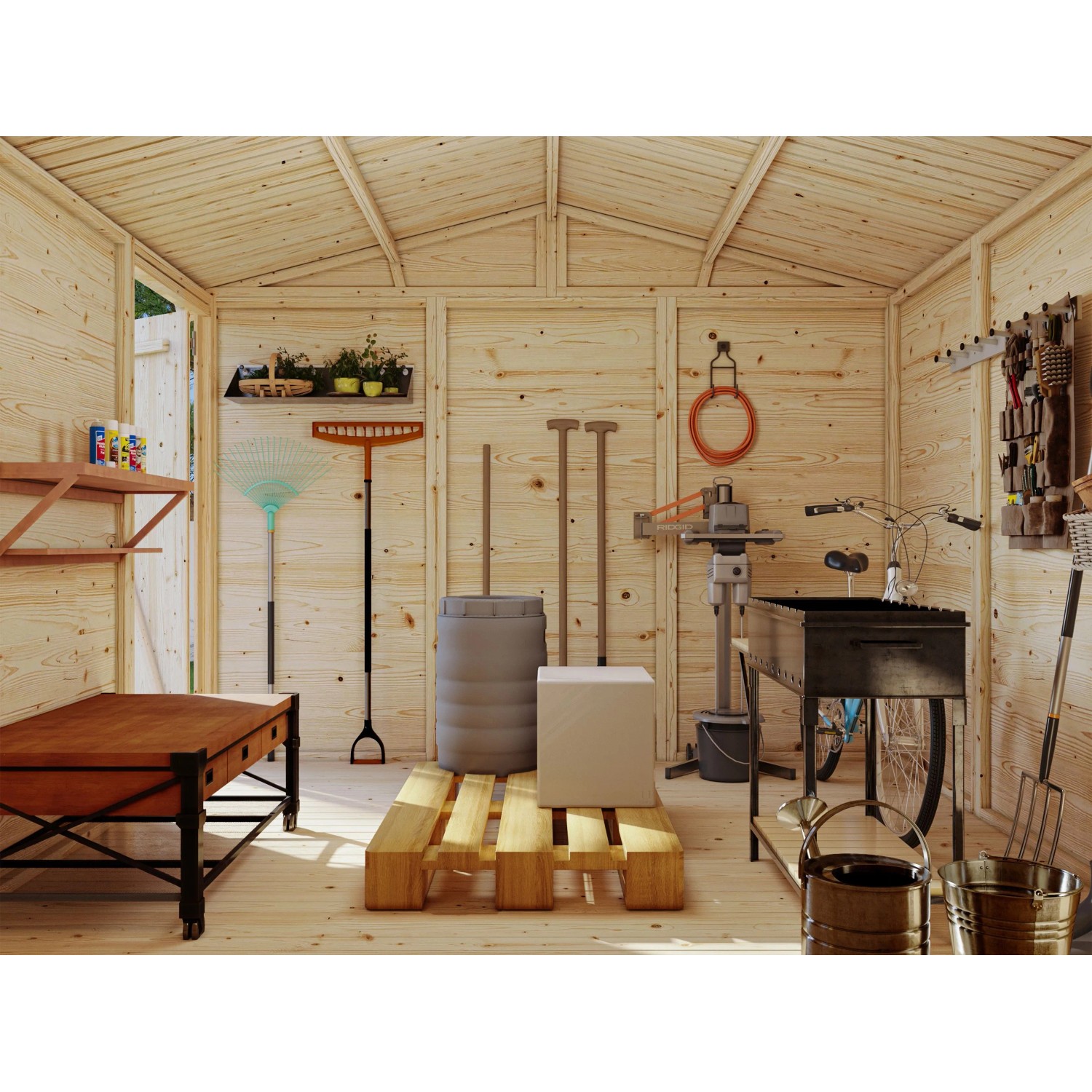Innenansicht Palmako Dan Holz-Gartenhaus mit Gartengeräten und Werkzeugen.