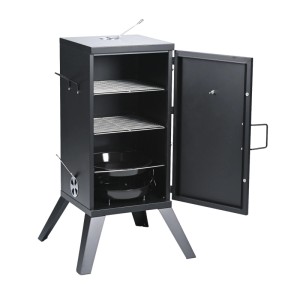 Schwarzer Relaxdays Smoker aus Stahl mit offener Tür, 2 Rosten, Thermometer und Wasserschale. Ideal für Garten & Terrasse.
