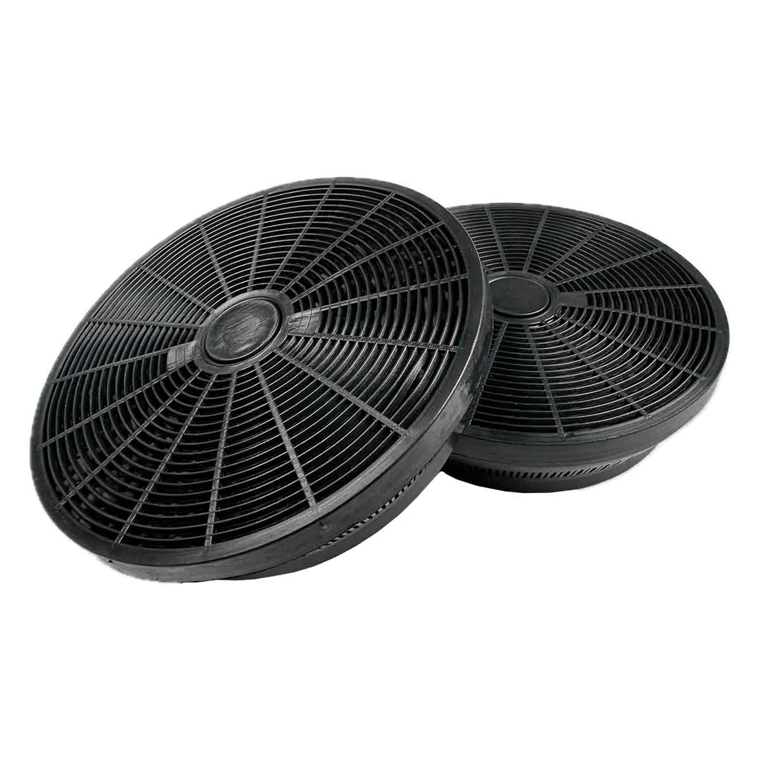 Zwei schwarze AIR2GO Aktivkohlefilter für Bluesky Dunstabzugshauben.