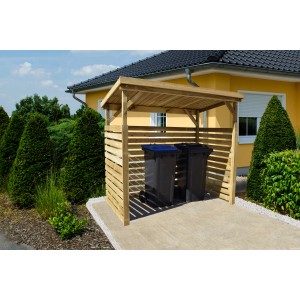 Weka Unterstellplatz Größe 1: Offene Mülltonnenbox aus Holz mit zwei Mülltonnen vor gelbem Haus.