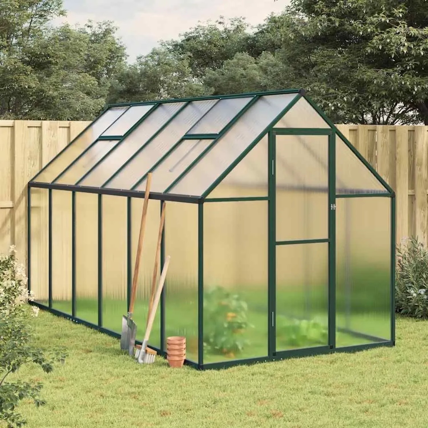vidaXL Gewächshaus mit Fundamentrahmen Grün 334x169x195 cm Aluminimum 3266327_2