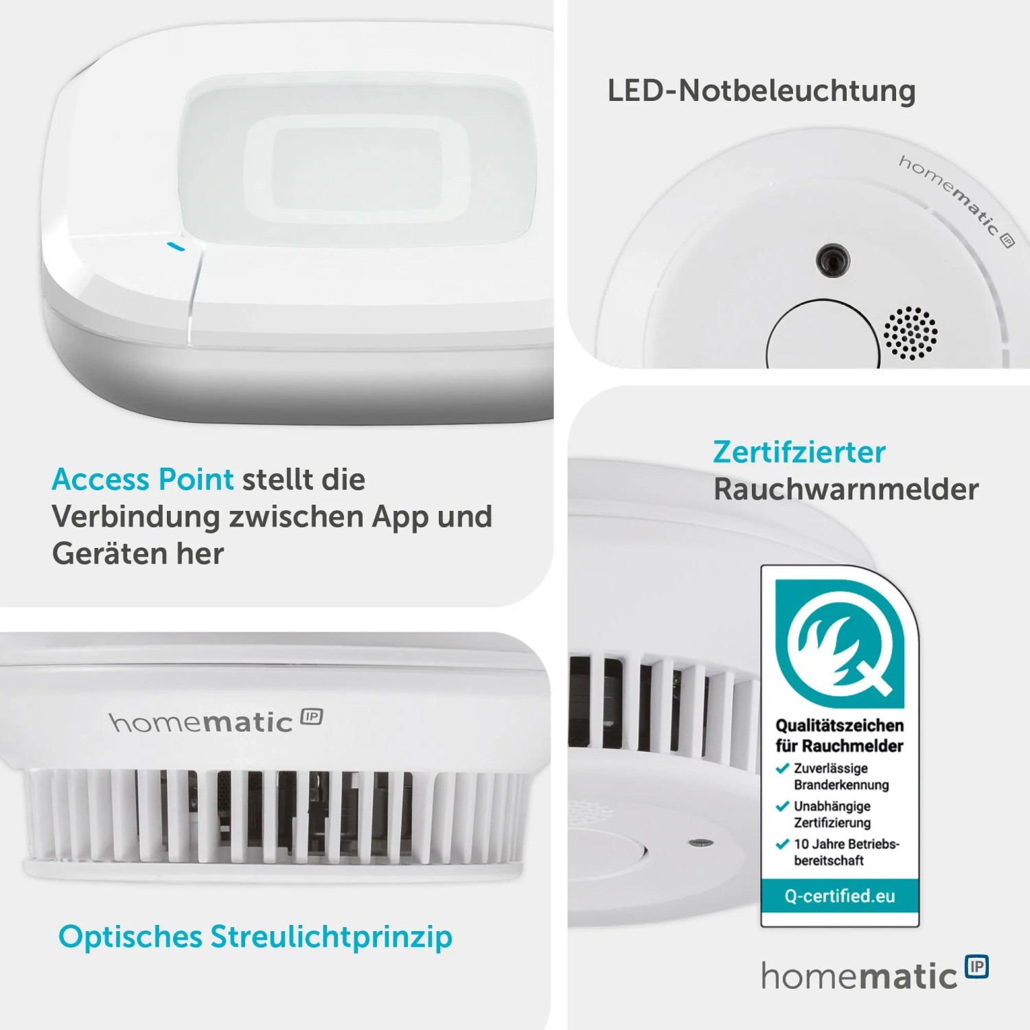 Homematic IP Starter Set Rauchwarnmelder: Access Point, Rauchmelder mit Q-Label und LED-Notbeleuchtung.