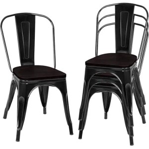 Costway 4er Set Stapelstühle, Metall Barhocker in Schwarz mit Holzsitzen.