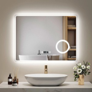 Emke Badspiegel mit 3-fache Vergrößerung 80 x 60 cm LED Spiegel mit Beschlagfrei Uhr Kaltweißes Licht