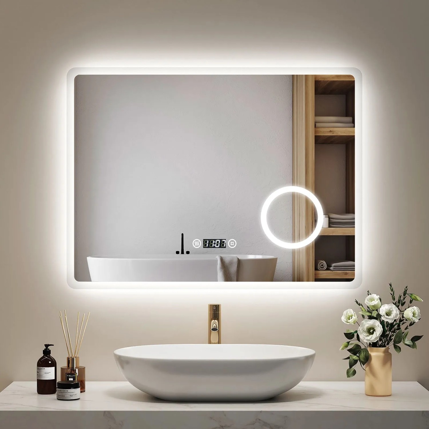 Emke Badspiegel mit 3-fache Vergrößerung 80 x 60 cm LED Spiegel mit Beschlagfrei Uhr Kaltweißes Licht_3