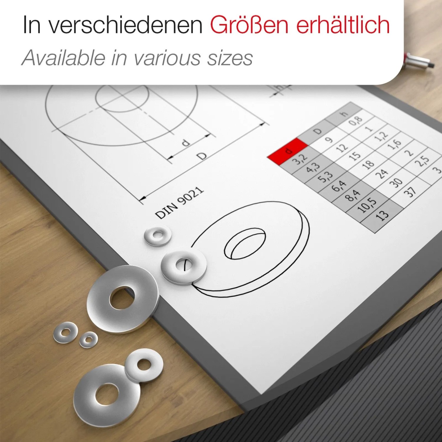 SOTECH M6 Edelstahl V2A DIN 9021 Unterlegscheiben in verschiedenen Größen auf technischer Zeichnung mit Maßtabelle.