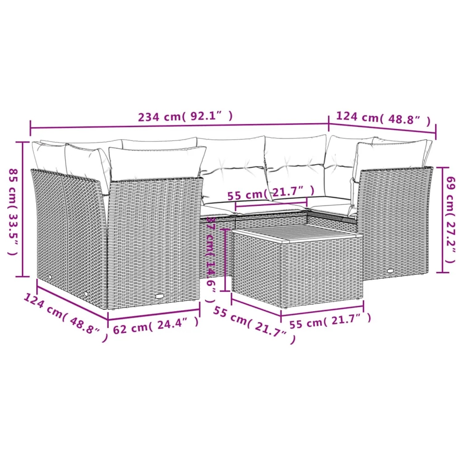 vidaXL Garten-Sofagarnitur, 7-teilig, beige Poly Rattan mit Kissen. Gartenmöbel für Terrasse und Garten.