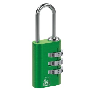 Grünes Basi Kofferschloss KS 611 mit Zahlenkombination und Aluminiumgehäuse.