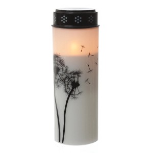 Weißes LED Grablicht mit Pusteblumen Motiv, 21cm hoch, mit Timer für Friedhof und Gedenken.