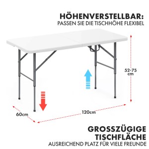 Weißer, höhenverstellbarer KARAT Klapptisch Fukui (120x60 cm) für Garten, Terrasse und Camping.
